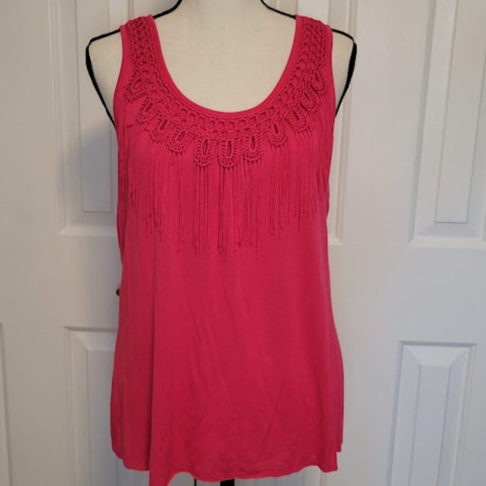 BCX Pink Crochet Fringe Tank Top Size Large Boho